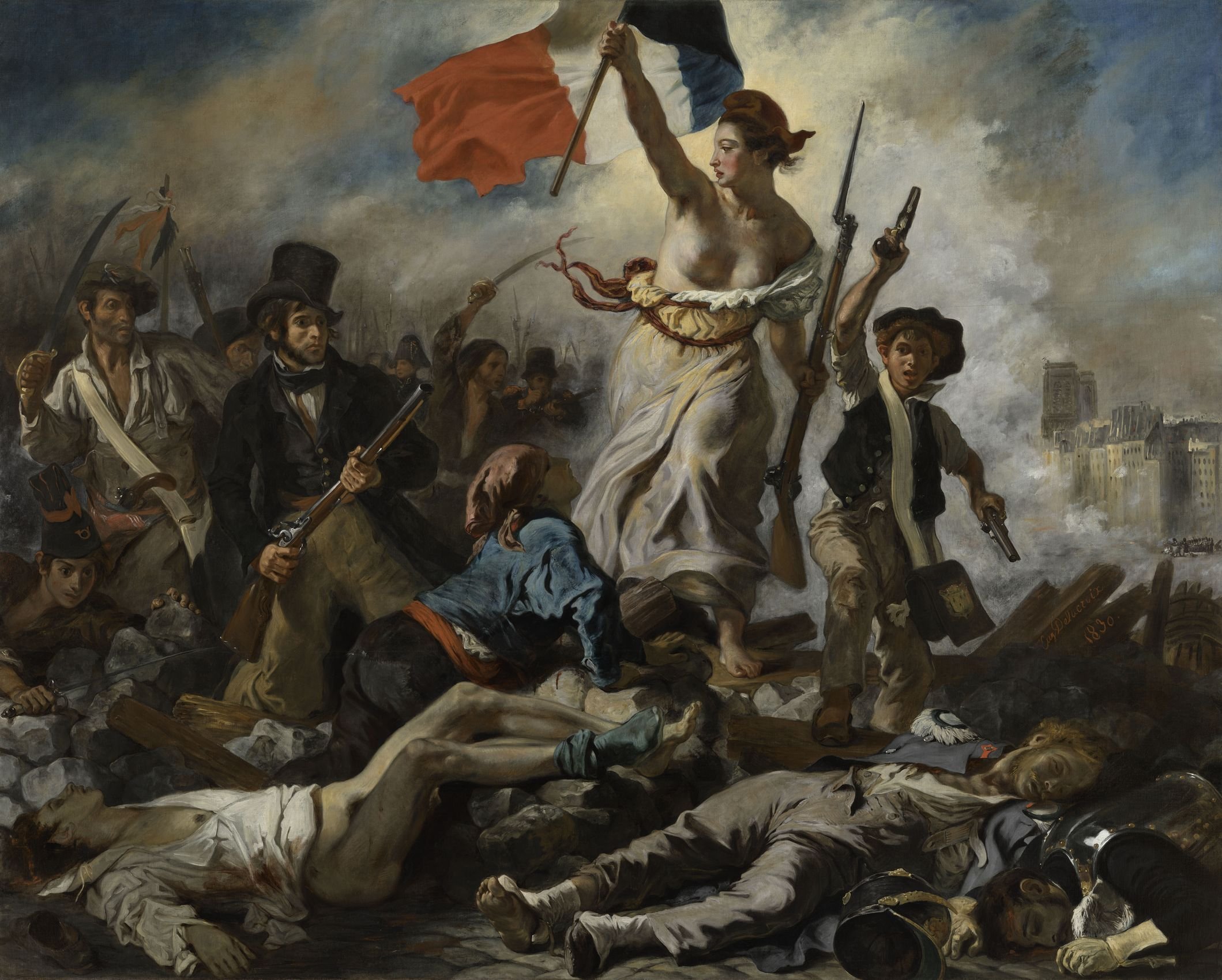 Dans ce tableau d’Eugène Delacroix, peint en 1830, la personne qui tient le drapeau français symbolise la liberté.