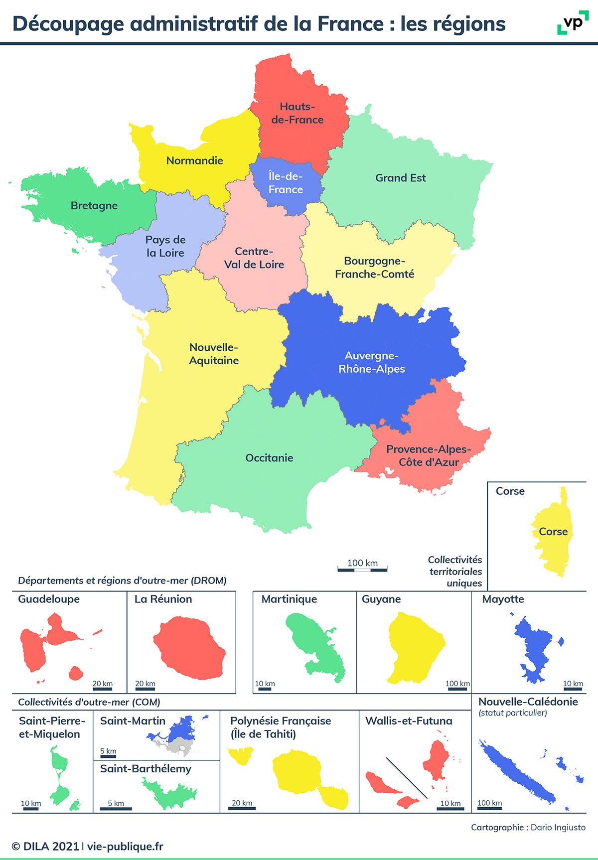 Carte de la France avec les régions métropolitaines et les territoires d’outre-mer.