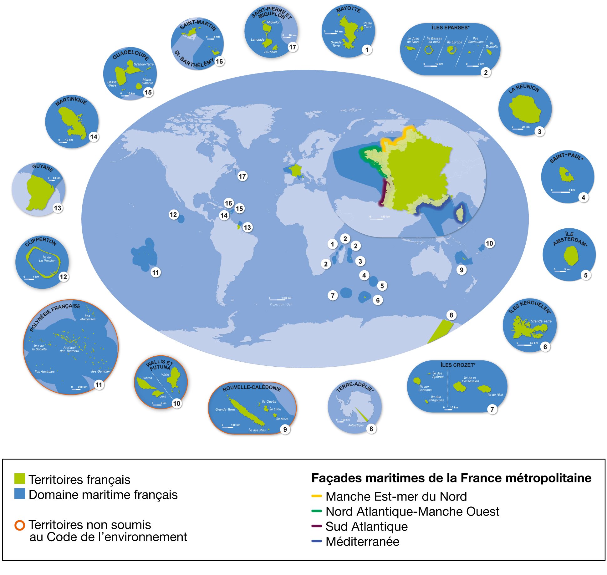 Planisphère mettant en lumière les territoires français, ainsi que les façades et le domaine maritime de la France.