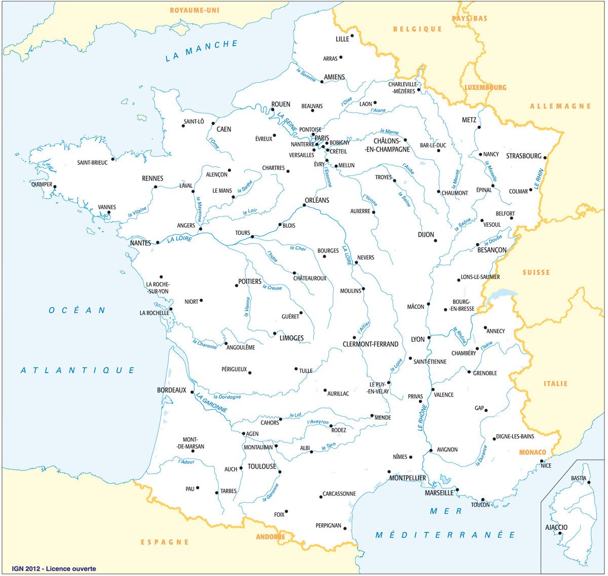 Carte de la France où figurent les fleuves et leurs principaux affluents.