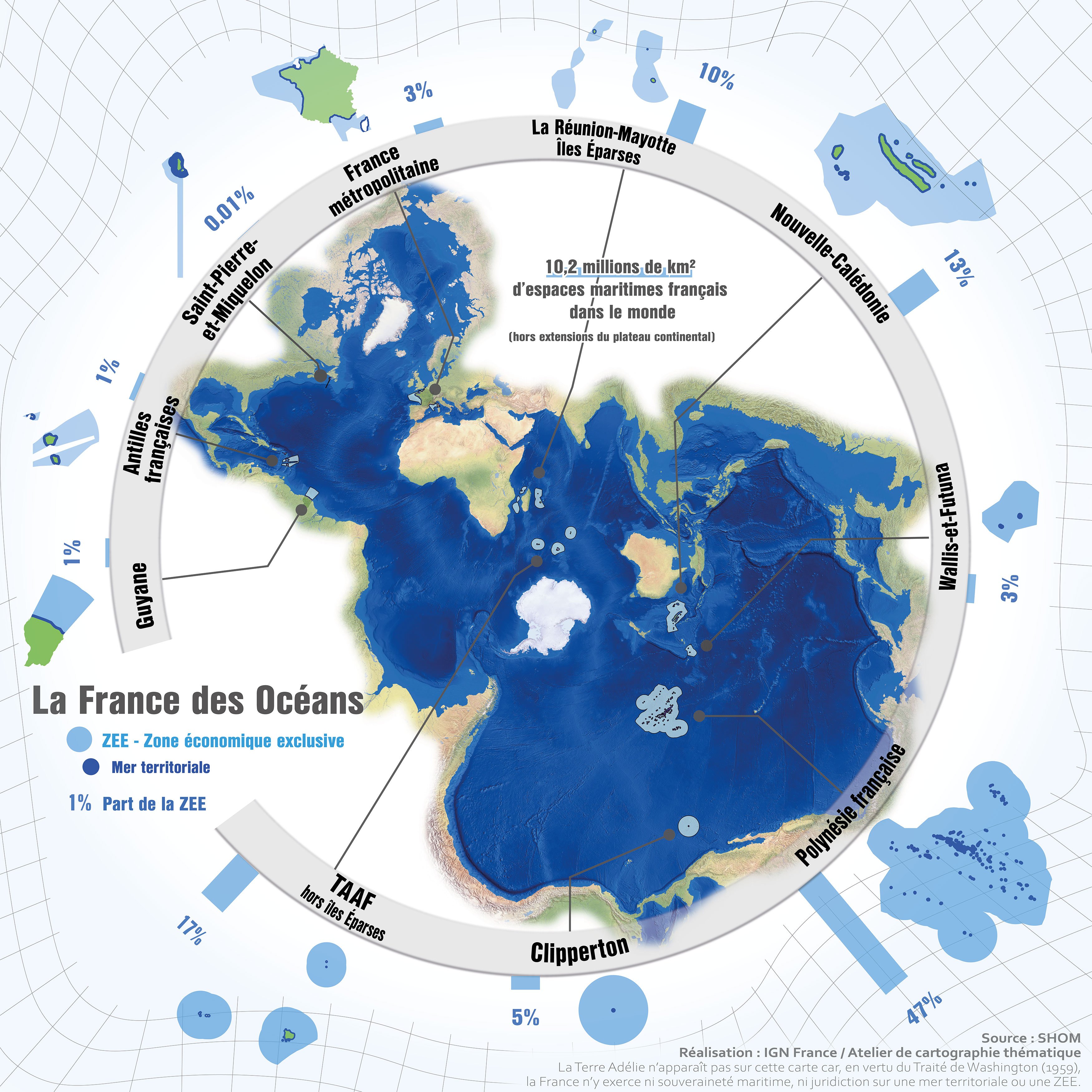 Planisphère montrant l’étendue des espaces maritimes sous souveraineté française.