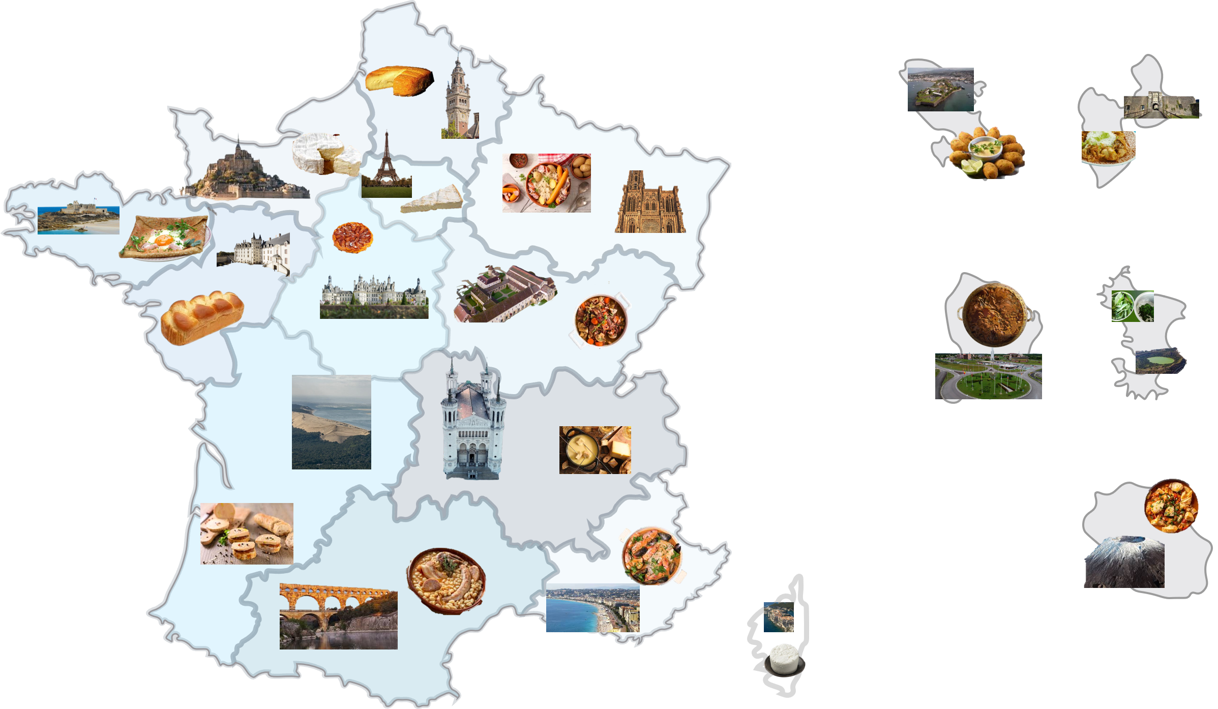Carte de France où apparaissent les spécialités culinaires et lieux emblématiques de chaque région de France.