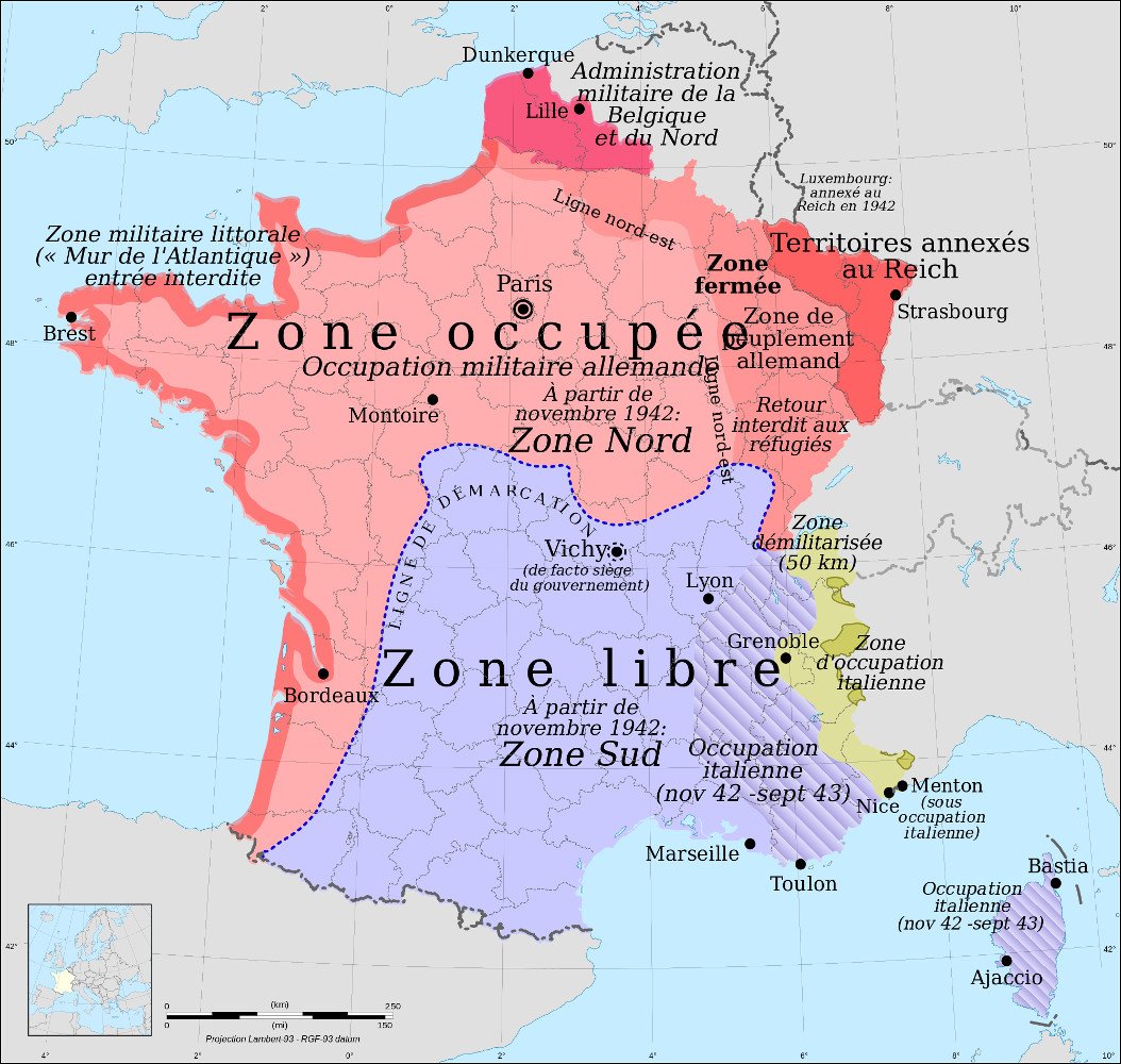 La France coupée en plusieurs parties en 1940 : la zone libre, la zone d'occupation italienne, la zone occupée, la zone annexée Alsace-Moselle, la zone placée sous l'administration militaire allemande de Bruxelles, et les deux territoires classés « zone interdite » (zone nord-est et zone militaire littoral).
