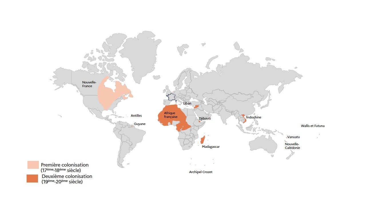 Carte du monde représentant les pays faisant partie de la première colonisation et de la seconde colonisation de la France