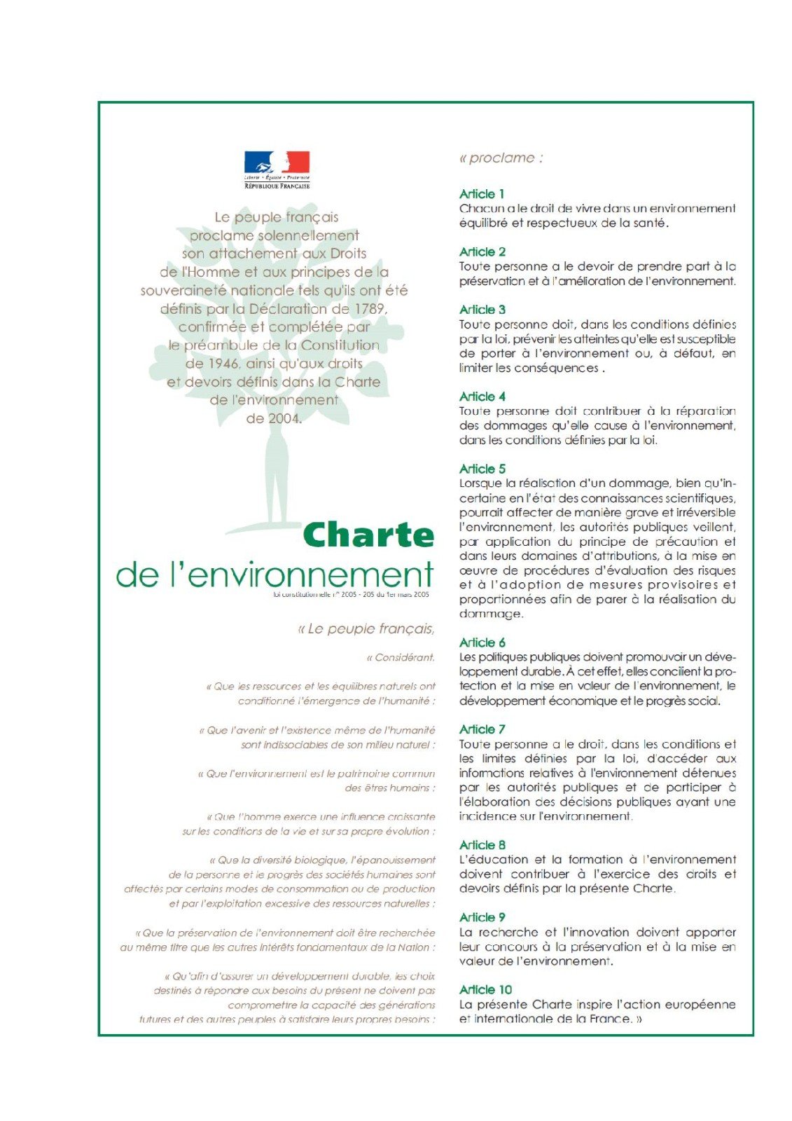 Le document présente la Charte de l'environnement avec dix articles écrits autour du titre.