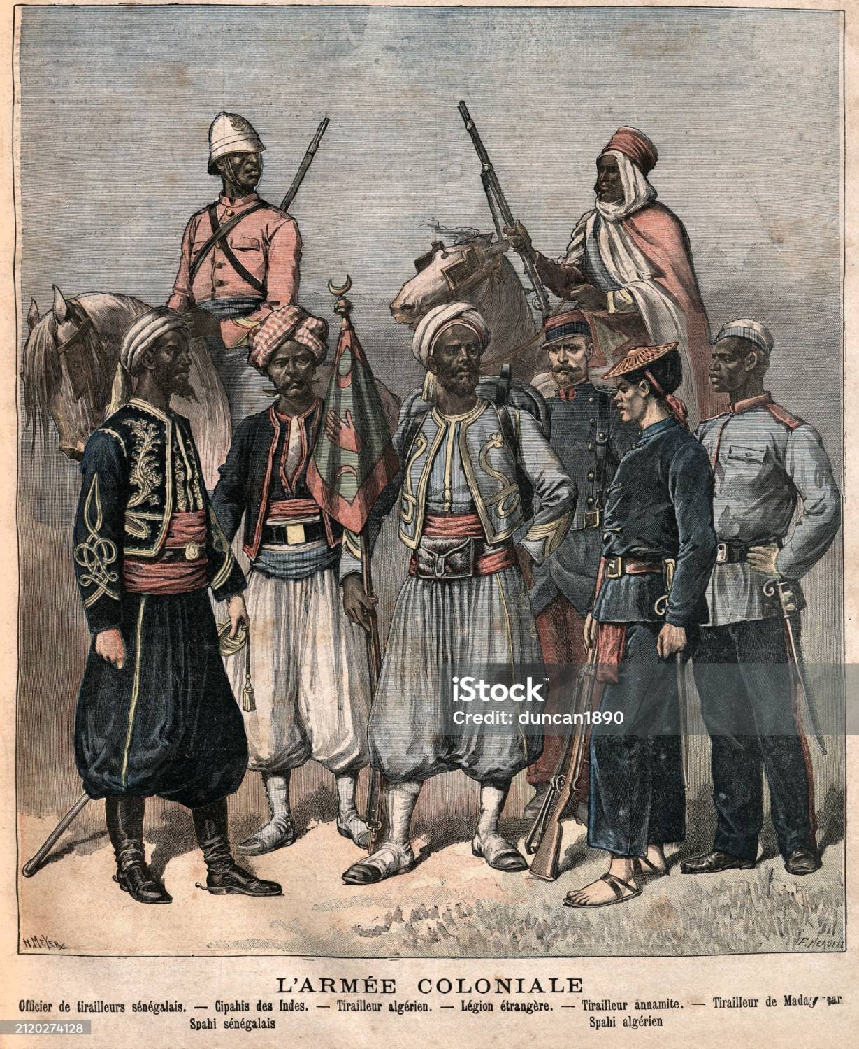 Uniformes militaires de l’armée coloniale française, Soldats, Sénégal, Algérie, Légion étrangère, 19ème siècle.