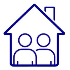 Dessin en lignes épaisses bleues sans détails réaliste de deux figures humaines simplifiées non genrées dans une maison avec une cheminée.