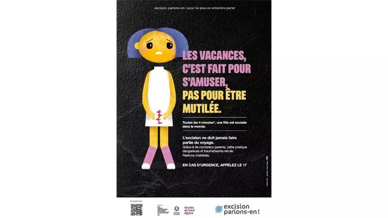 Affiche de campagne de sensibilisation pour alerter sur les mutilations sexuelles.